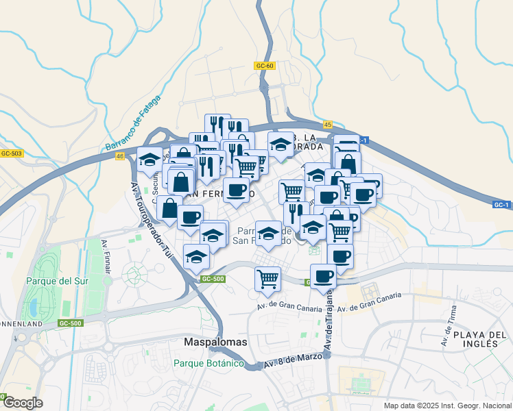map of restaurants, bars, coffee shops, grocery stores, and more near 38 Calle Santa Brigida in San Bartolomé de Tirajana