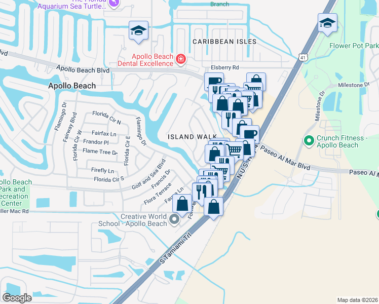 map of restaurants, bars, coffee shops, grocery stores, and more near 312 Lookout Drive in Apollo Beach