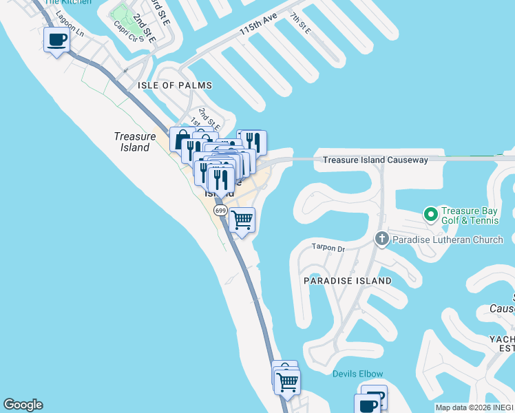 map of restaurants, bars, coffee shops, grocery stores, and more near 145 104th Avenue in Treasure Island