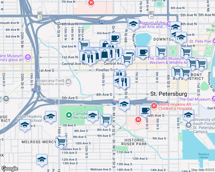 map of restaurants, bars, coffee shops, grocery stores, and more near 300 10th Street South in St. Petersburg