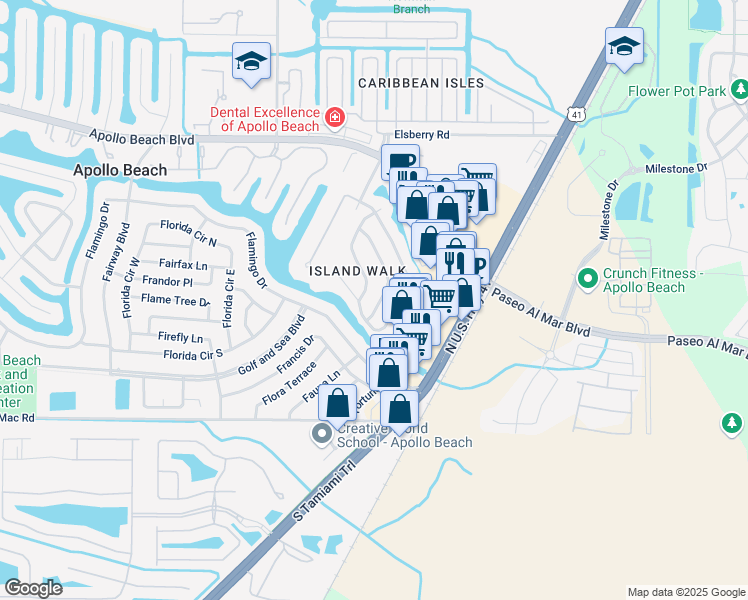 map of restaurants, bars, coffee shops, grocery stores, and more near 213 Island Water Way in Apollo Beach