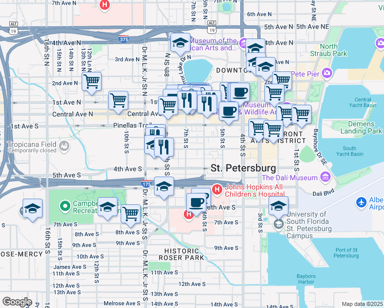 map of restaurants, bars, coffee shops, grocery stores, and more near 644 3rd Avenue South in St. Petersburg