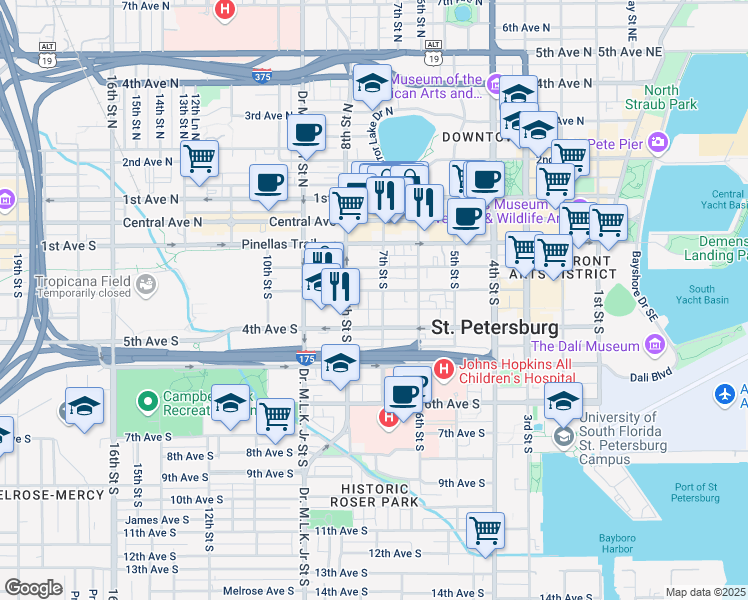 map of restaurants, bars, coffee shops, grocery stores, and more near 728 3rd Avenue South in Saint Petersburg