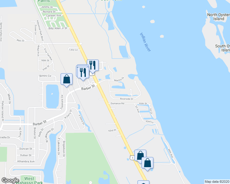 map of restaurants, bars, coffee shops, grocery stores, and more near 5765 Pelican Pointe Drive in Sebastian