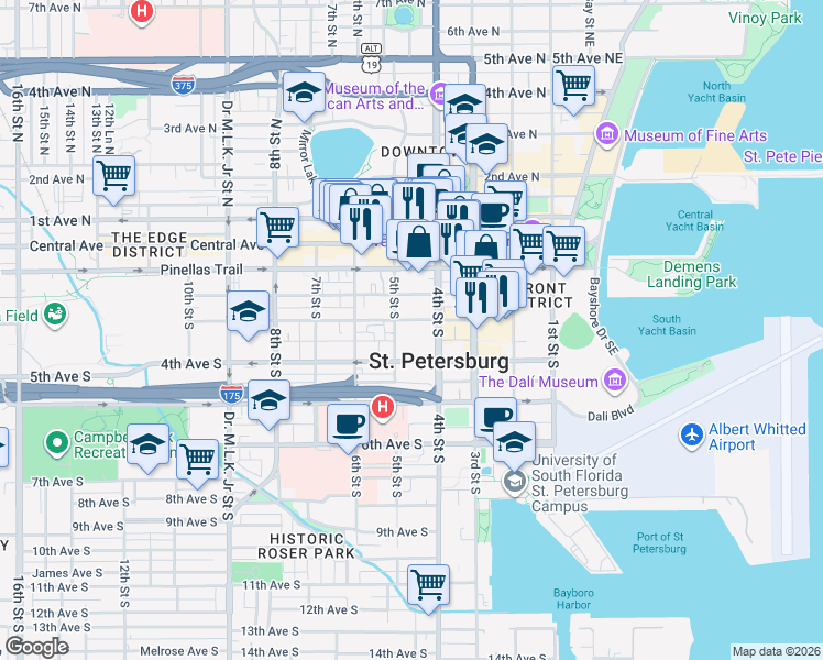 map of restaurants, bars, coffee shops, grocery stores, and more near 430 3rd Avenue South in St. Petersburg