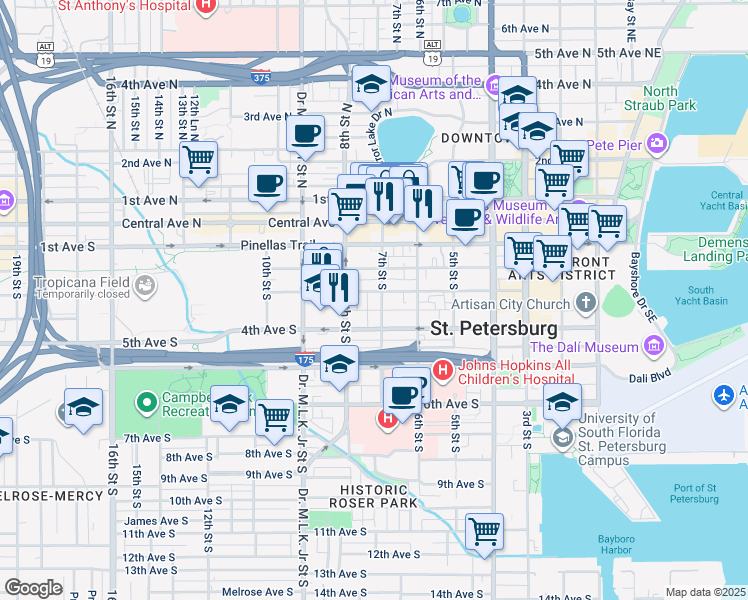 map of restaurants, bars, coffee shops, grocery stores, and more near 720 Charles Court South in St. Petersburg