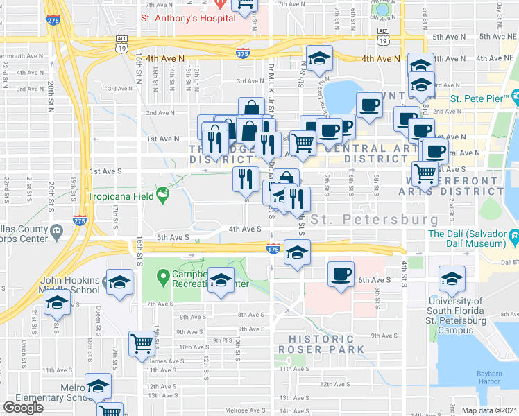 map of restaurants, bars, coffee shops, grocery stores, and more near 325 Doctor Martin Luther King Junior Street South in St. Petersburg