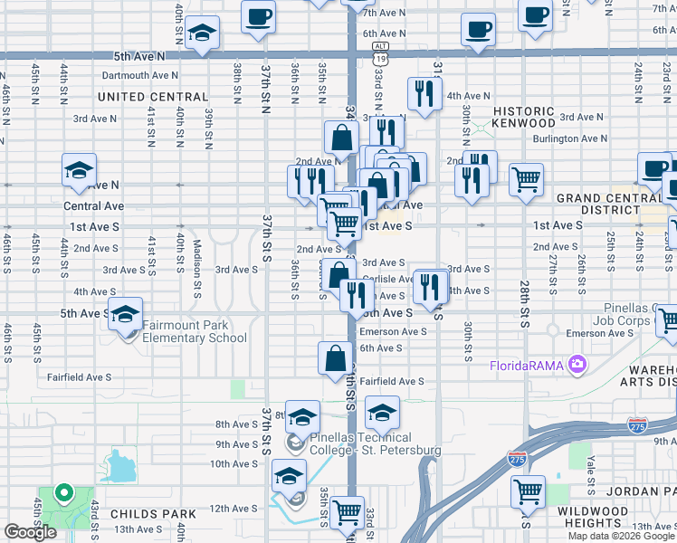 map of restaurants, bars, coffee shops, grocery stores, and more near 3426 3rd Avenue South in St. Petersburg