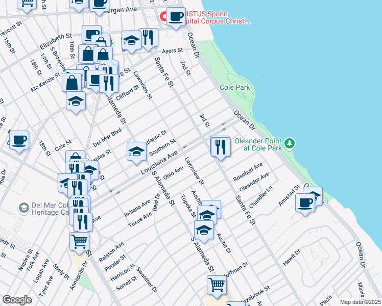 map of restaurants, bars, coffee shops, grocery stores, and more near 330 Ohio Avenue in Corpus Christi