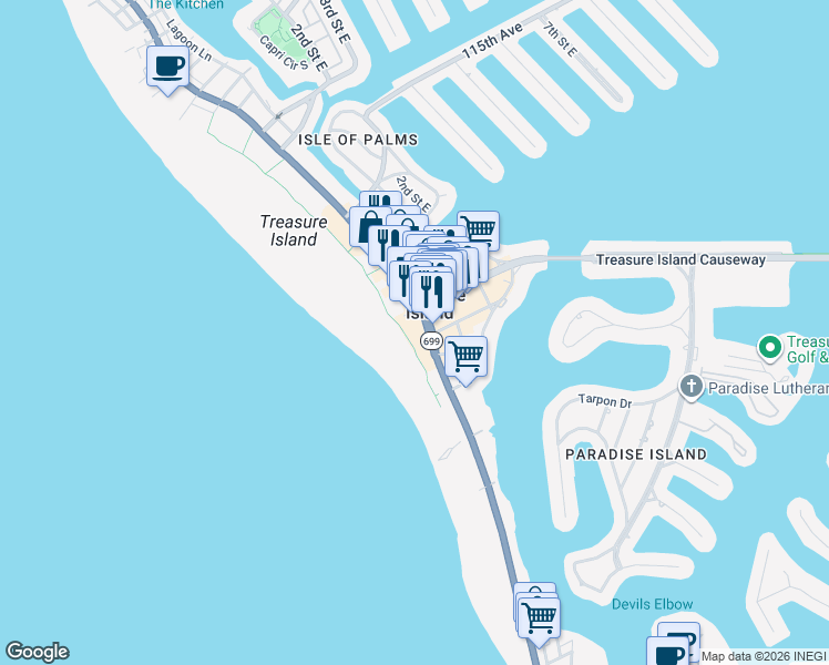 map of restaurants, bars, coffee shops, grocery stores, and more near 10650 Gulf Boulevard in Treasure Island