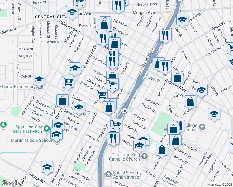 map of restaurants, bars, coffee shops, grocery stores, and more near 2922 Niagara Street in Corpus Christi