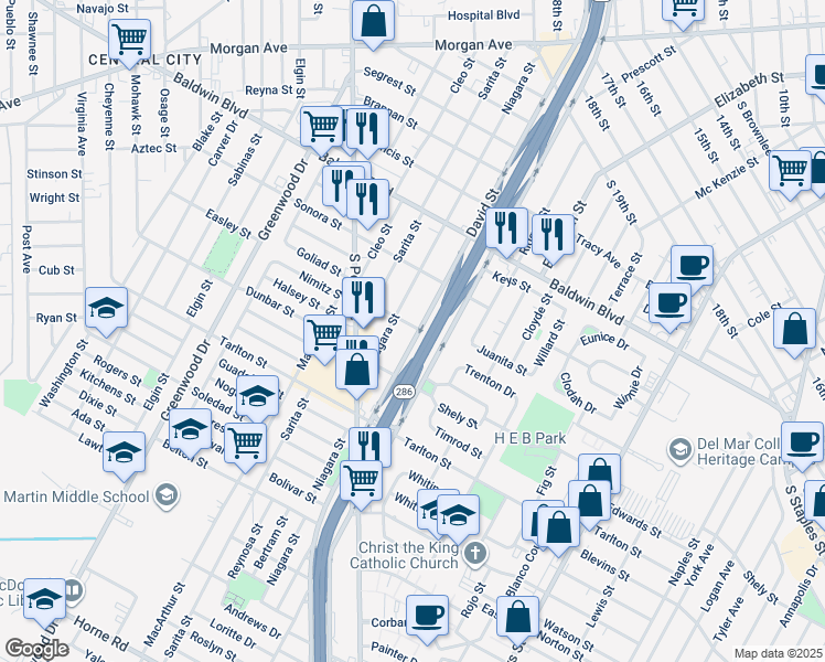 map of restaurants, bars, coffee shops, grocery stores, and more near 2901 David Street in Corpus Christi