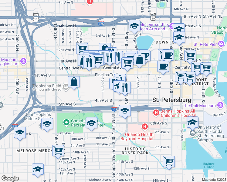 map of restaurants, bars, coffee shops, grocery stores, and more near 325 Doctor Martin Luther King Junior Street South in St. Petersburg