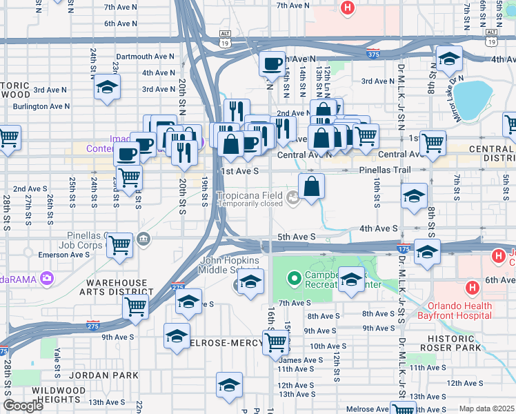 map of restaurants, bars, coffee shops, grocery stores, and more near 1650 3rd Avenue South in St. Petersburg