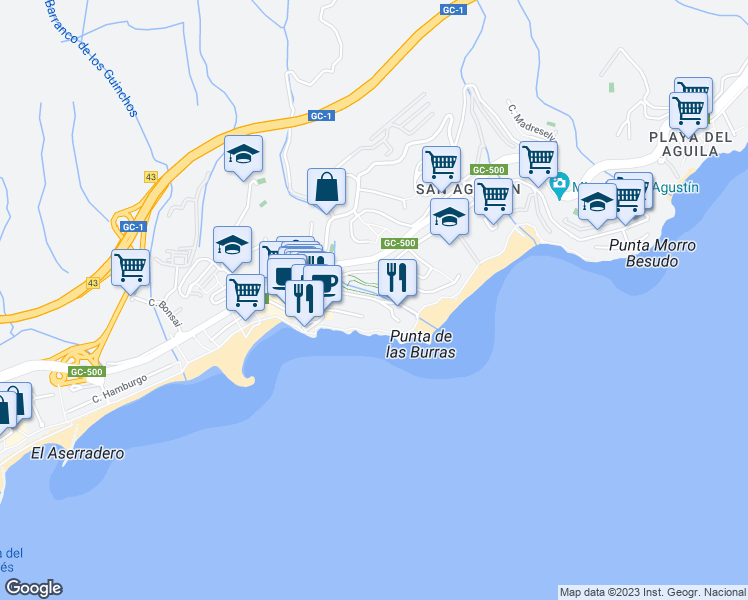 map of restaurants, bars, coffee shops, grocery stores, and more near in San Bartolomé de Tirajana