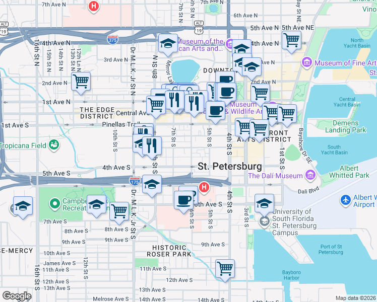 map of restaurants, bars, coffee shops, grocery stores, and more near 600 3rd Avenue South in St. Petersburg