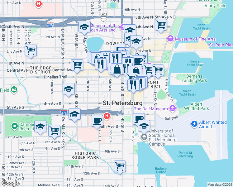 map of restaurants, bars, coffee shops, grocery stores, and more near 430 3rd Avenue South in St. Petersburg