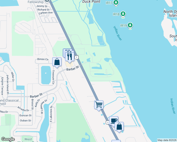 map of restaurants, bars, coffee shops, grocery stores, and more near 9635 Riverside Drive in Sebastian
