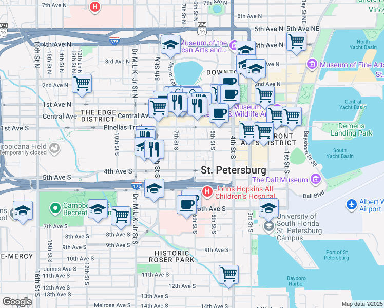 map of restaurants, bars, coffee shops, grocery stores, and more near 630 3rd Avenue South in St. Petersburg