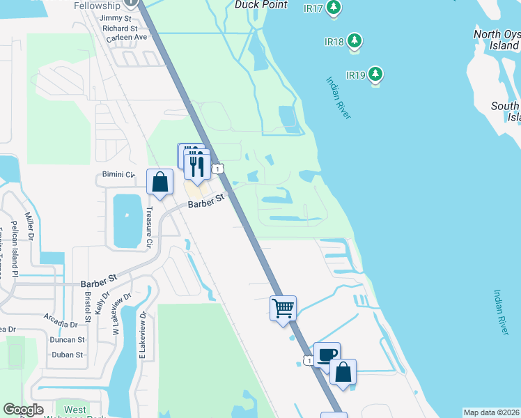 map of restaurants, bars, coffee shops, grocery stores, and more near 5798 Pelican Pointe Drive in Sebastian