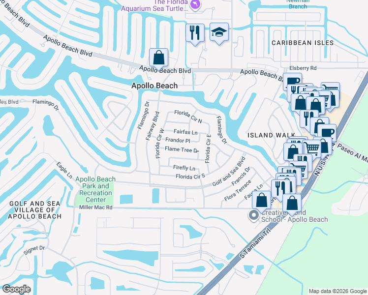 map of restaurants, bars, coffee shops, grocery stores, and more near 521 Flame Tree Drive in Apollo Beach
