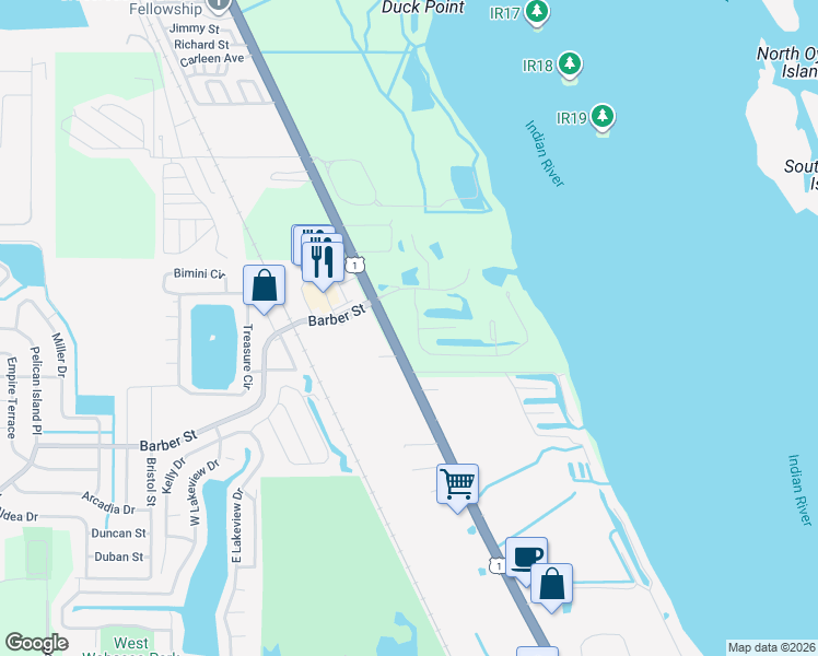 map of restaurants, bars, coffee shops, grocery stores, and more near 9635 Riverside Drive in Sebastian