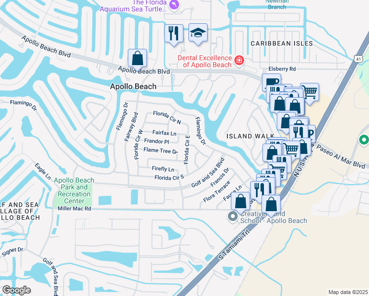 map of restaurants, bars, coffee shops, grocery stores, and more near 6238 Florida Circle East in Apollo Beach
