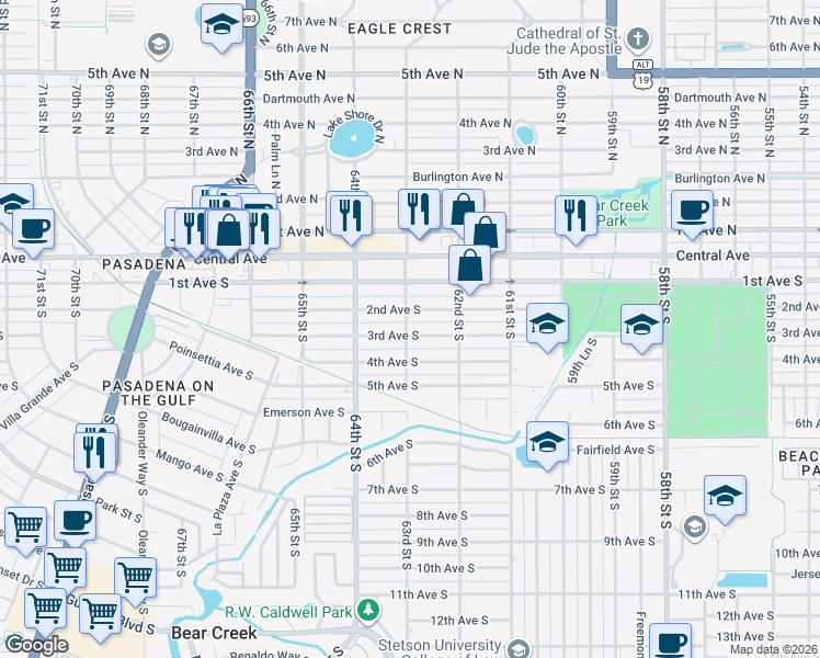 map of restaurants, bars, coffee shops, grocery stores, and more near 6282 3rd Avenue South in St. Petersburg