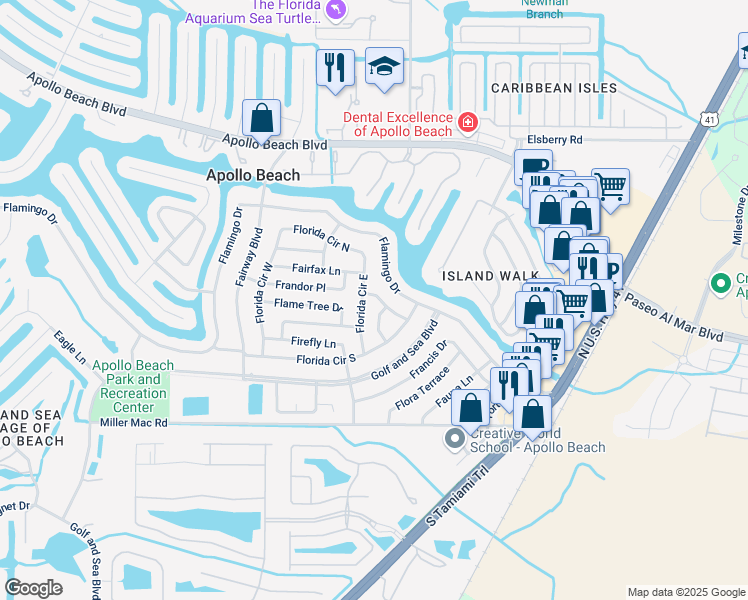 map of restaurants, bars, coffee shops, grocery stores, and more near 432 Floridana Drive in Apollo Beach