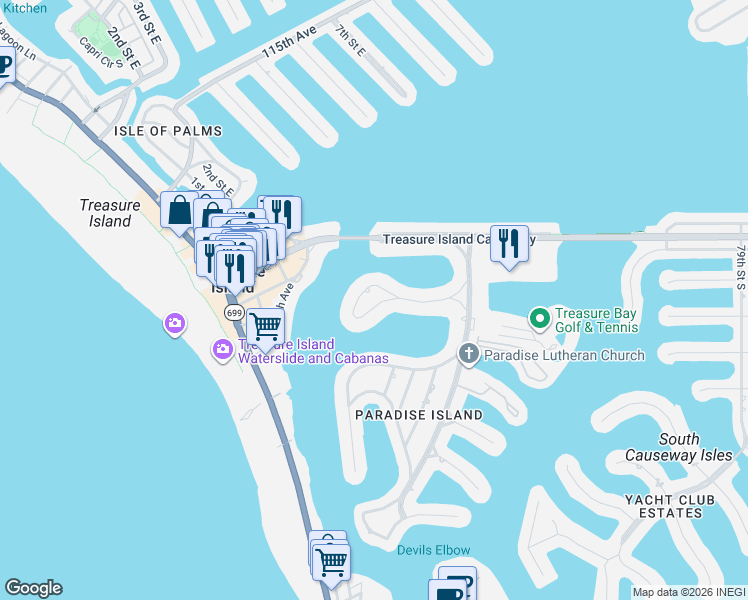 map of restaurants, bars, coffee shops, grocery stores, and more near 56 Dolphin Drive in Treasure Island
