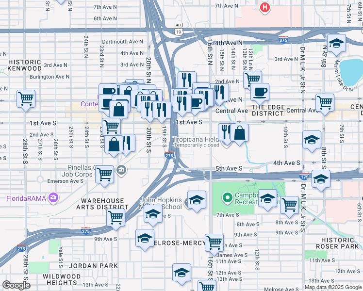 map of restaurants, bars, coffee shops, grocery stores, and more near 300-316 18th St S in St Petersburg