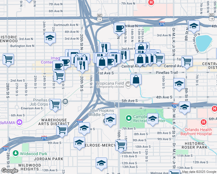 map of restaurants, bars, coffee shops, grocery stores, and more near 1650 3rd Avenue South in St. Petersburg