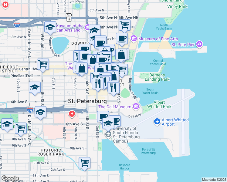 map of restaurants, bars, coffee shops, grocery stores, and more near 333 1st Street Southeast in St. Petersburg
