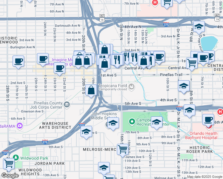 map of restaurants, bars, coffee shops, grocery stores, and more near 1650 3rd Avenue South in St. Petersburg