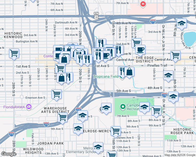 map of restaurants, bars, coffee shops, grocery stores, and more near 300-316 18th St S in St Petersburg