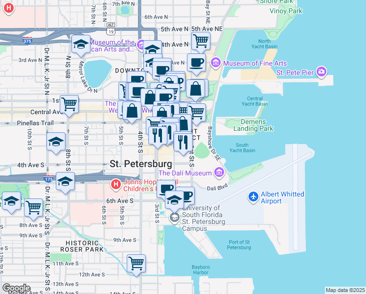map of restaurants, bars, coffee shops, grocery stores, and more near 333 1st Street Southeast in St. Petersburg