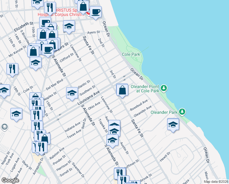 map of restaurants, bars, coffee shops, grocery stores, and more near 304 Ohio Avenue in Corpus Christi