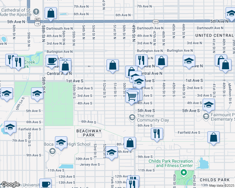 map of restaurants, bars, coffee shops, grocery stores, and more near 5043 3rd Avenue South in Saint Petersburg