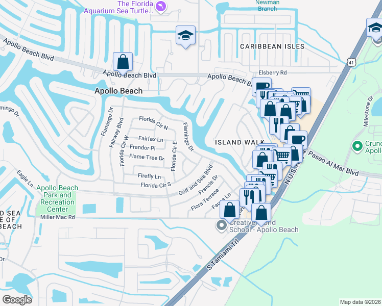 map of restaurants, bars, coffee shops, grocery stores, and more near 420 Flamingo Drive in Apollo Beach