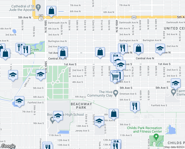map of restaurants, bars, coffee shops, grocery stores, and more near 295 52nd Street South in St. Petersburg