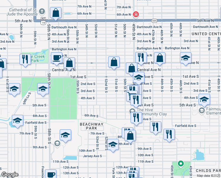 map of restaurants, bars, coffee shops, grocery stores, and more near 5200 3rd Avenue South in St. Petersburg