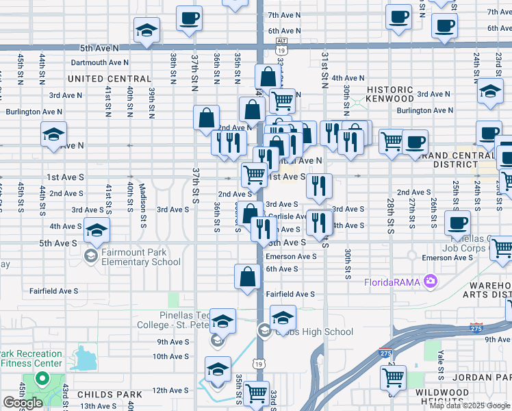 map of restaurants, bars, coffee shops, grocery stores, and more near 3426 3rd Avenue South in St. Petersburg
