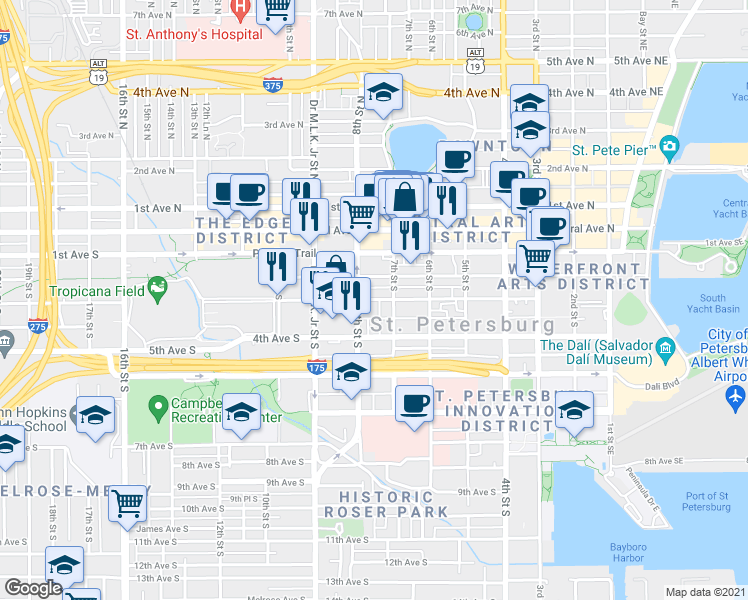 map of restaurants, bars, coffee shops, grocery stores, and more near 720 Charles Court South in St. Petersburg