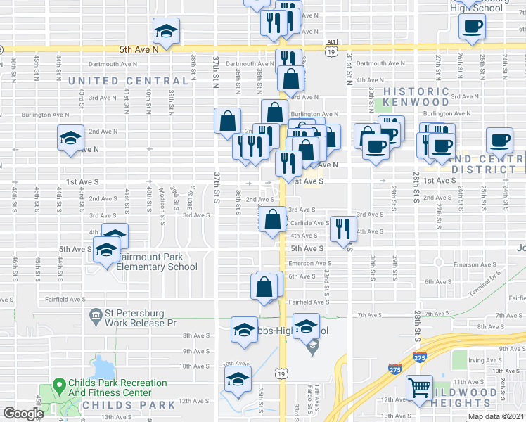 map of restaurants, bars, coffee shops, grocery stores, and more near 3426 3rd Avenue South in St. Petersburg