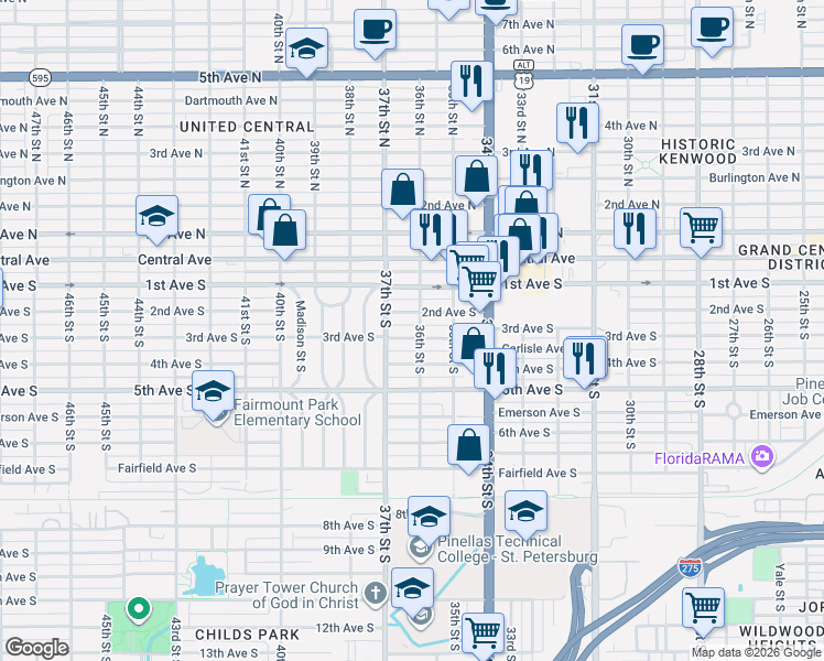 map of restaurants, bars, coffee shops, grocery stores, and more near 3642 3rd Avenue South in St. Petersburg