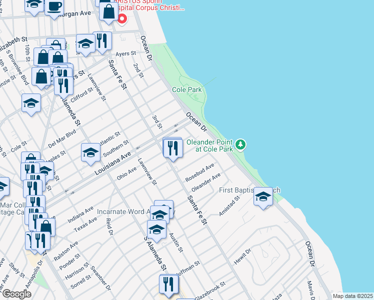 map of restaurants, bars, coffee shops, grocery stores, and more near 239 Indiana Avenue in Corpus Christi