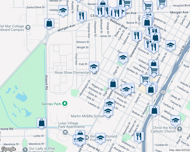 map of restaurants, bars, coffee shops, grocery stores, and more near 2829 Nogales Street in Corpus Christi