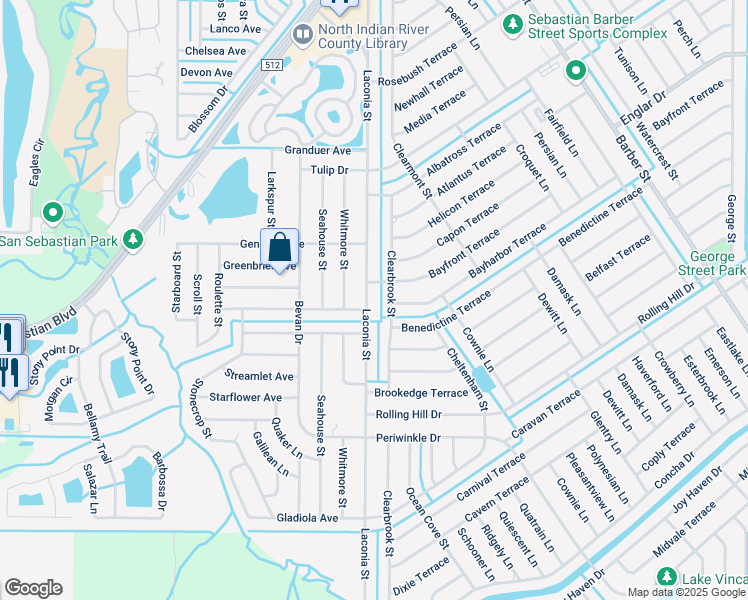 map of restaurants, bars, coffee shops, grocery stores, and more near 1392 Laconia Street in Sebastian
