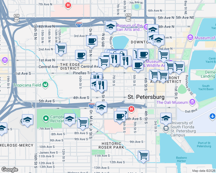map of restaurants, bars, coffee shops, grocery stores, and more near 720 Charles Court South in St. Petersburg
