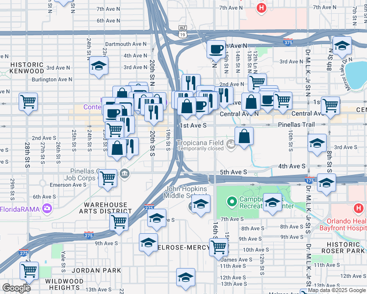 map of restaurants, bars, coffee shops, grocery stores, and more near 300-316 18th St S in St Petersburg